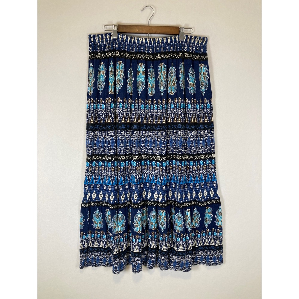 Boho St. John's‎ Bay Women L Blue Paisley Tiered Elastic Waist Maxi Skirt